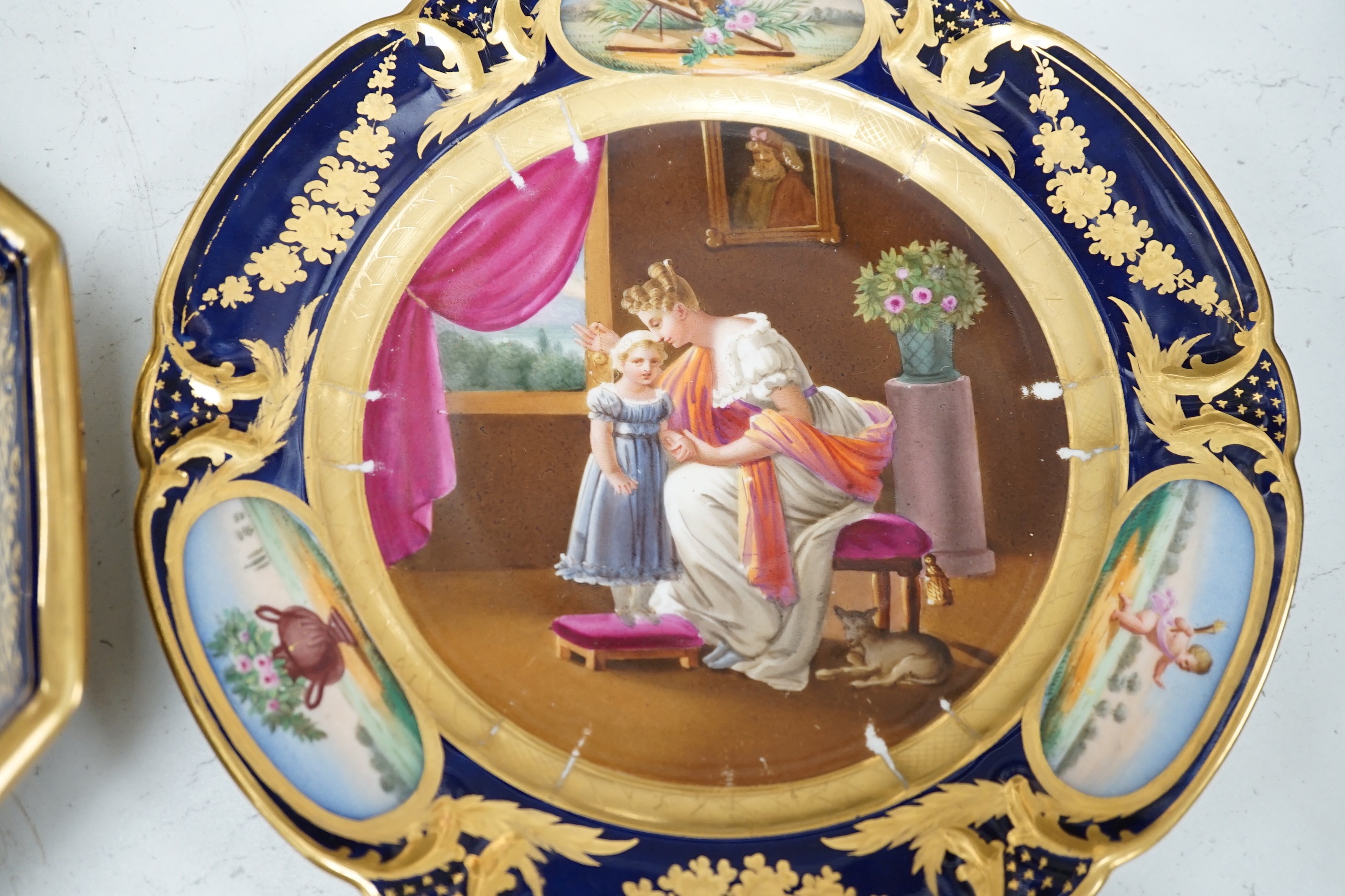 A group of 19th century Paris porcelain painted cabinet plates together with an associated footed bowl (group), plates 24cms diameter